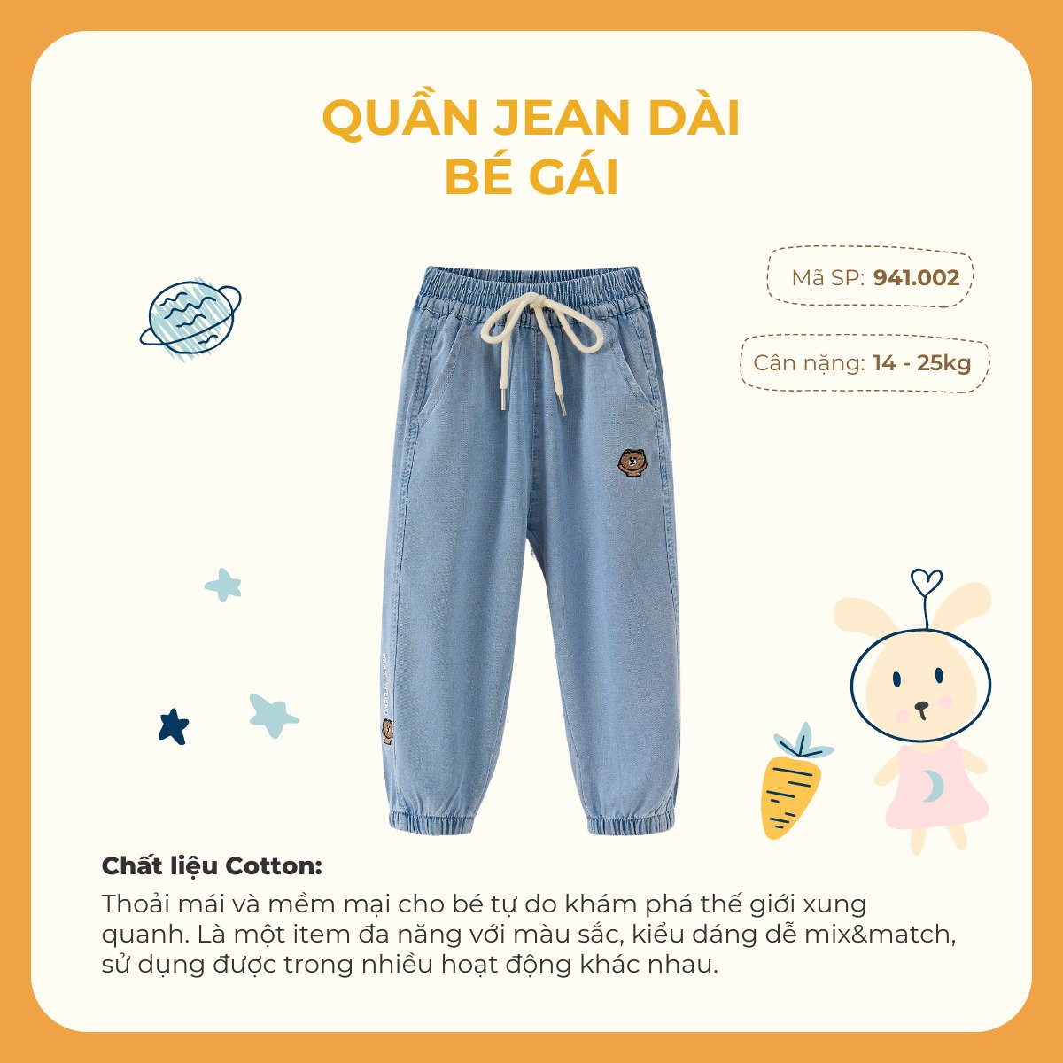 Quần jean dài bé gái Rabity 941.002