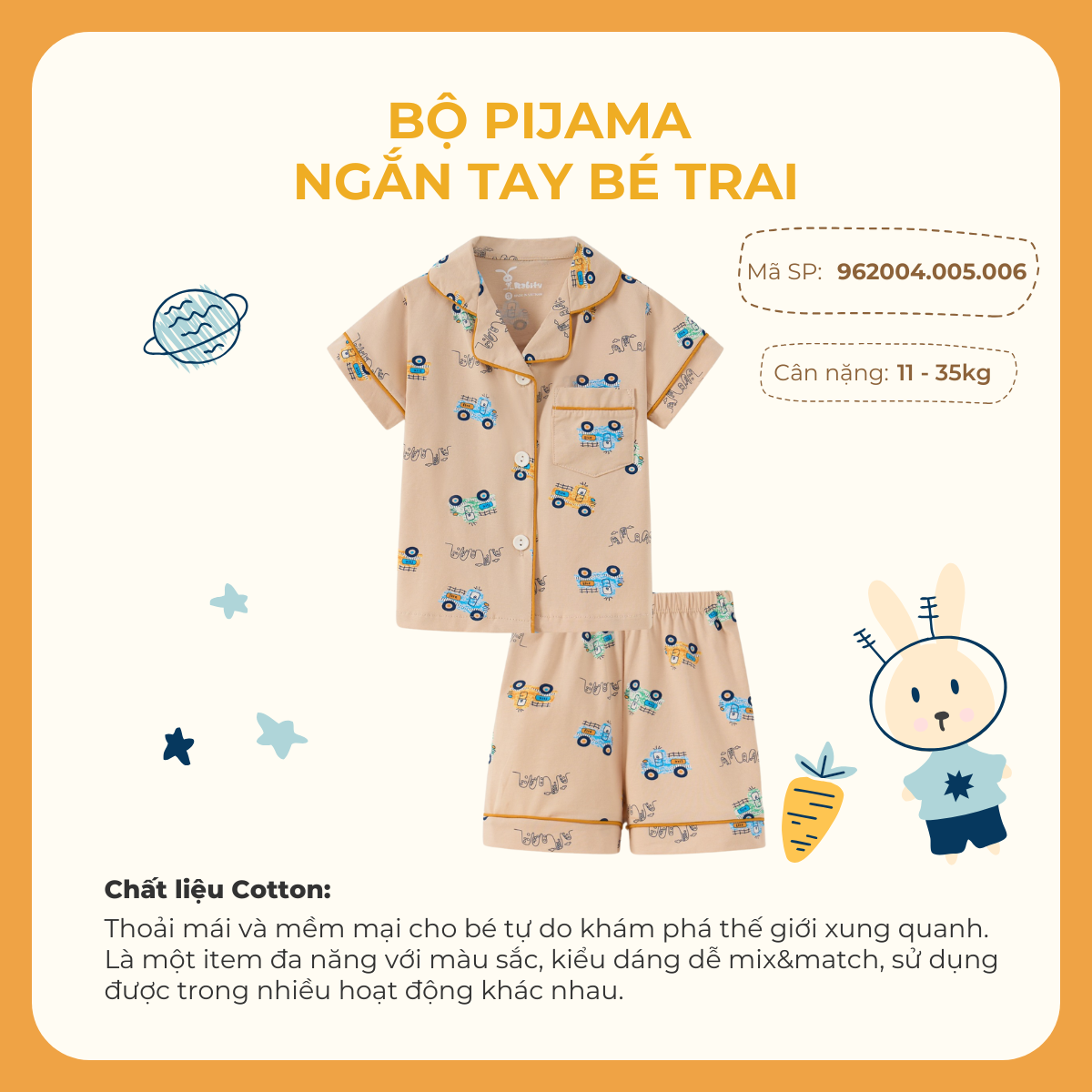 Đồ bộ Pijama mặc nhà ngắn tay bé trai Rabity 962004.005.006