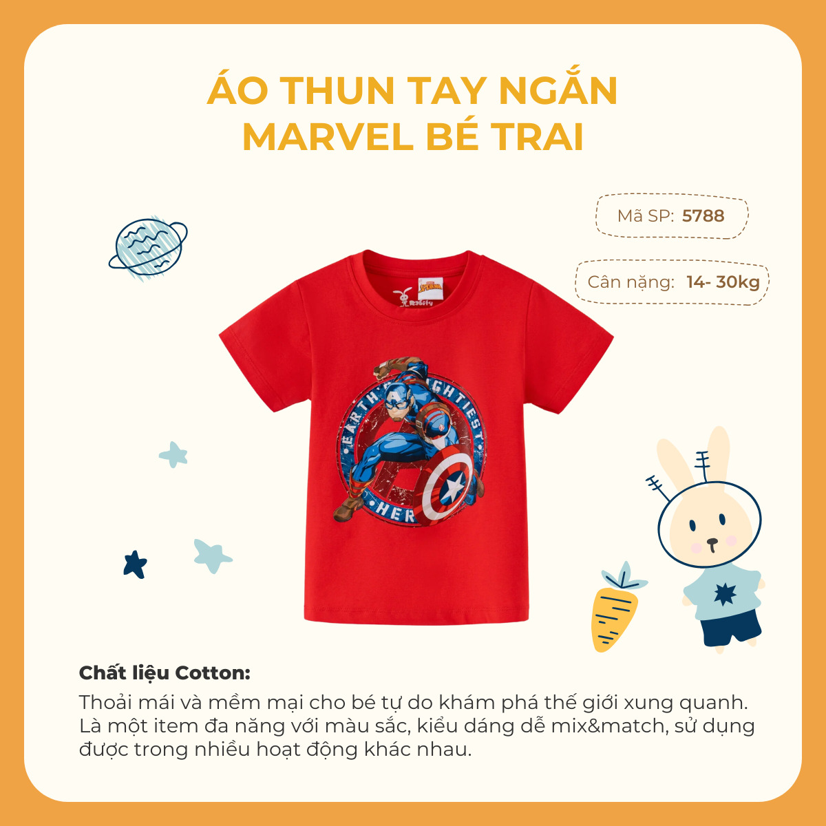 Áo thun ngắn tay Marvel bé trai Rabity 5788