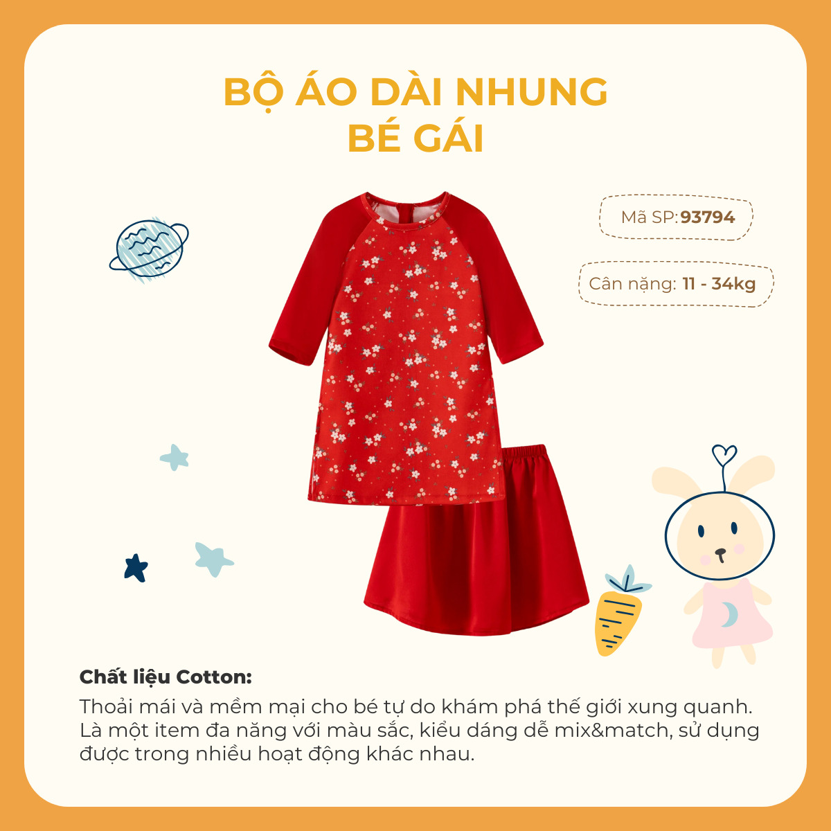 Bộ áo dài nhung bé gái Rabity 93794