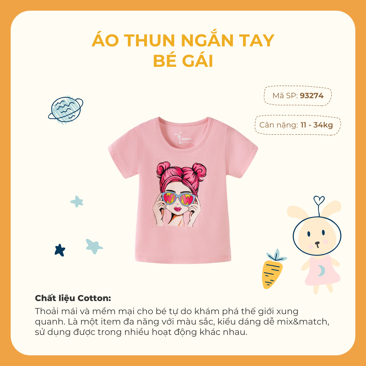 Áo thun ngắn tay bé gái Rabity 93274