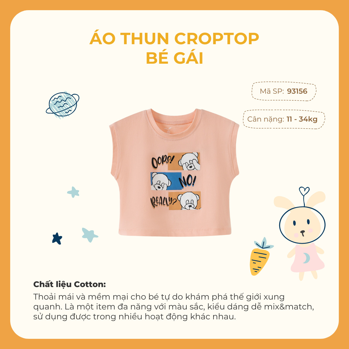 Áo thun croptop sát nách bé gái Rabity 93156