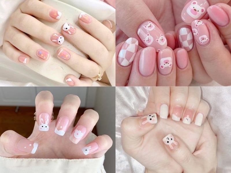 Mẫu nail hồng kết hợp họa tiết