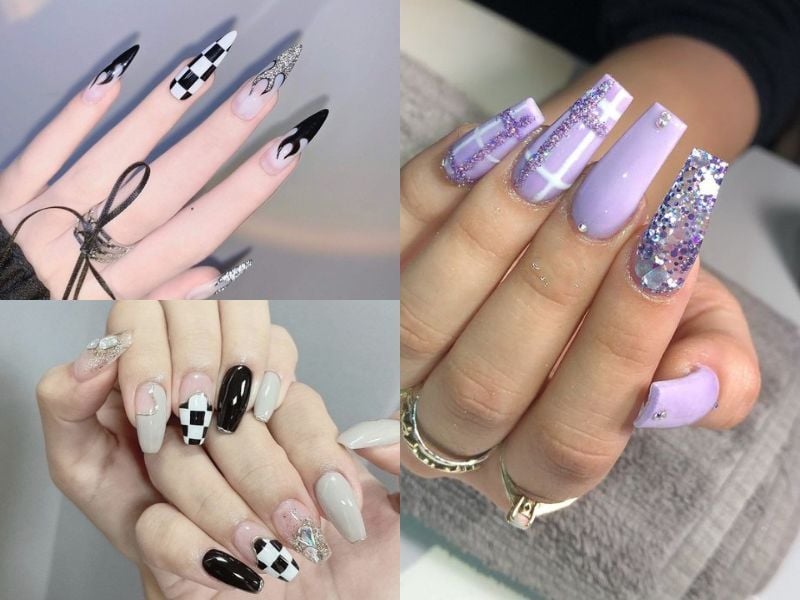 Mẫu nail caro có nhũ