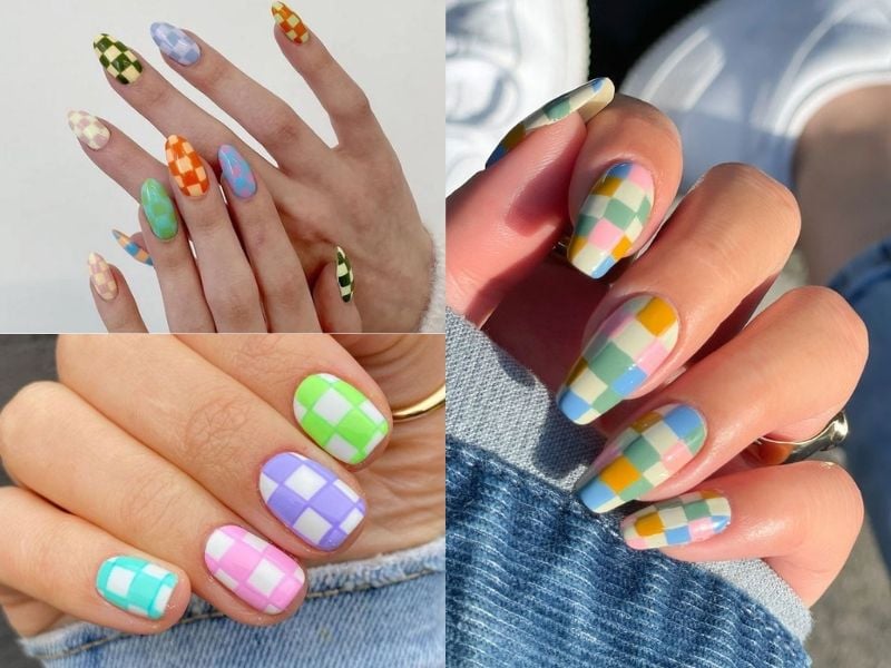 Mẫu nail caro mix nhiều màu