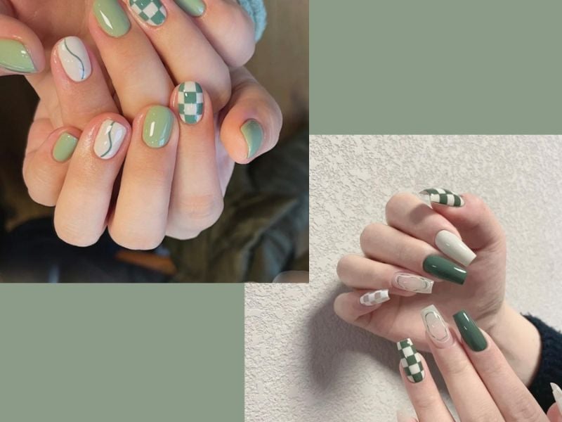 Mẫu nail caro xanh bơ