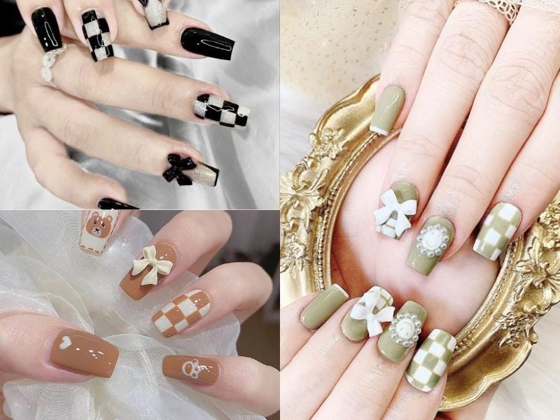 Mẫu nail caro đính đá