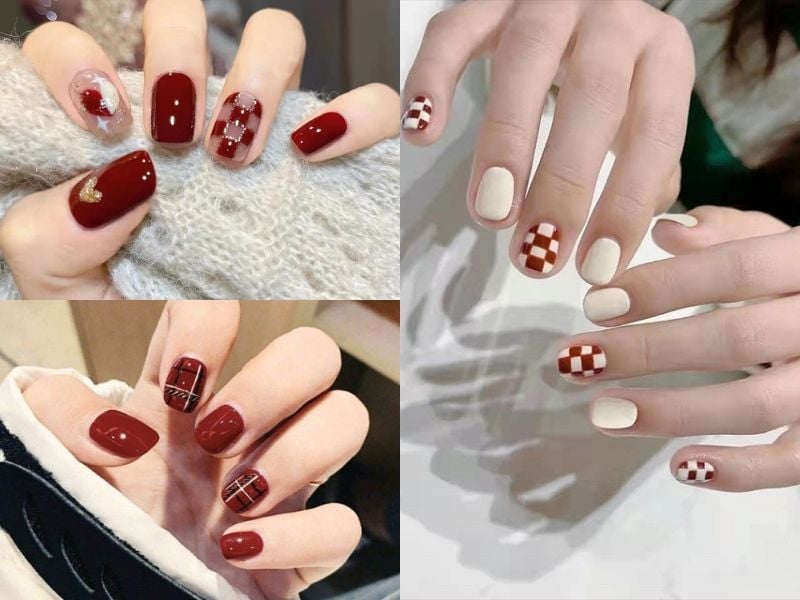 Mẫu nail caro đỏ