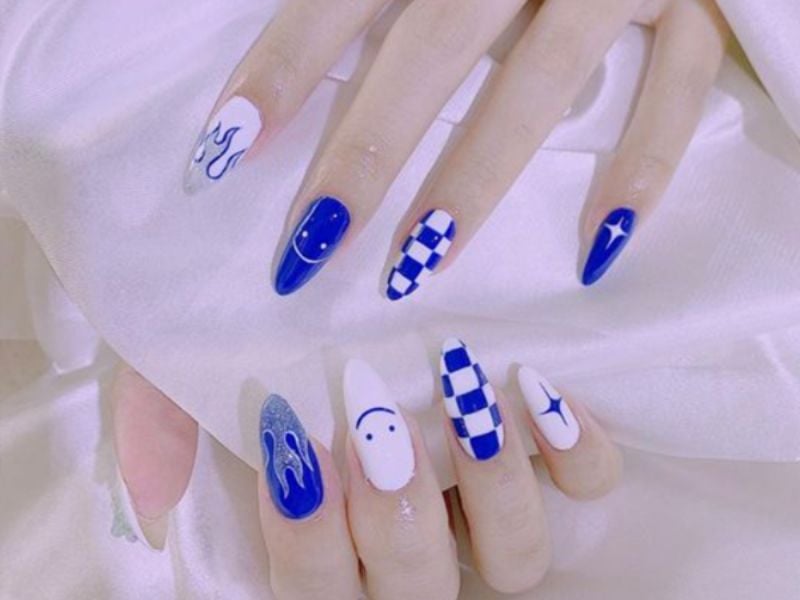 Mẫu nail caro xanh cho móng dài