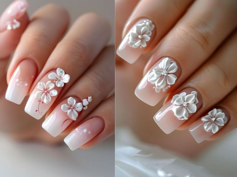 Mẫu nail cô dâu hoa 3D