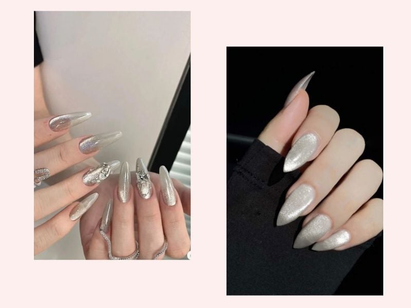 Mẫu nail mắt mèo bạc pha lê