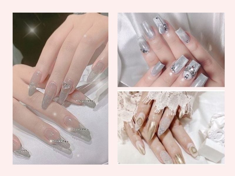 Mẫu nail mắt mèo kim cương đính đá