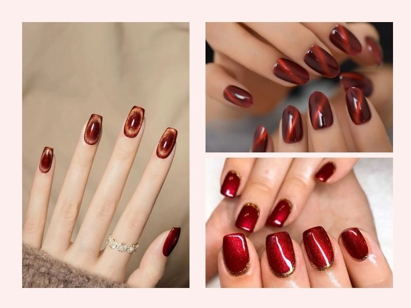 Mẫu nail mắt mèo đỏ bordeaux