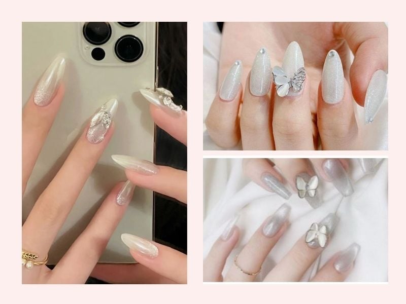 Mẫu nail mắt mèo trắng ngọc trai