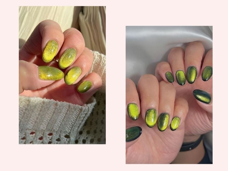 Mẫu nail mắt mèo xanh neon