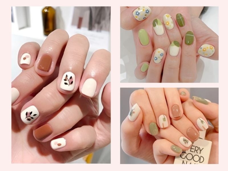 Mẫu nail móng ngắn mix hoa lá trẻ trung