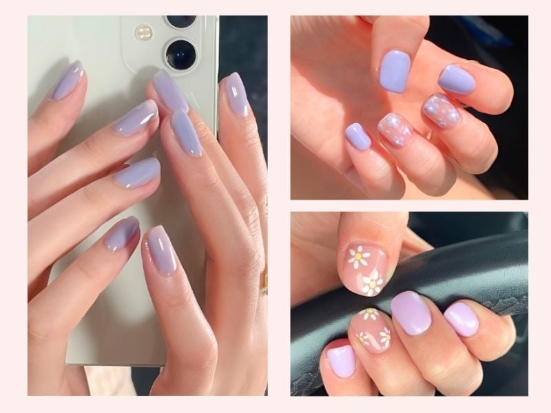 Mẫu nail móng ngắn màu tím lãng mạn