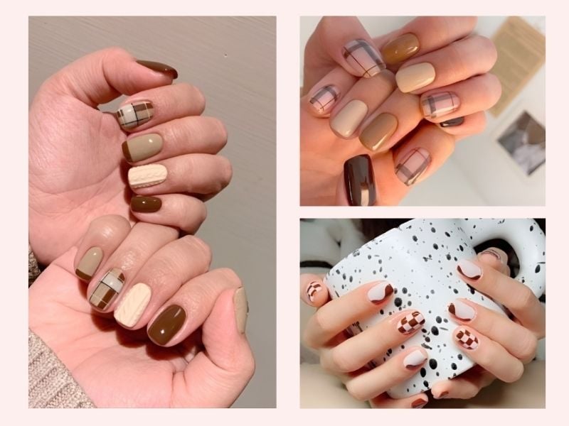 Mẫu nail móng ngắn họa tiết caro