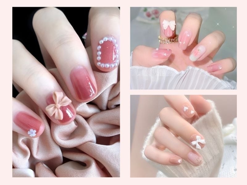 Mẫu nail móng ngắn màu hồng đính nơ