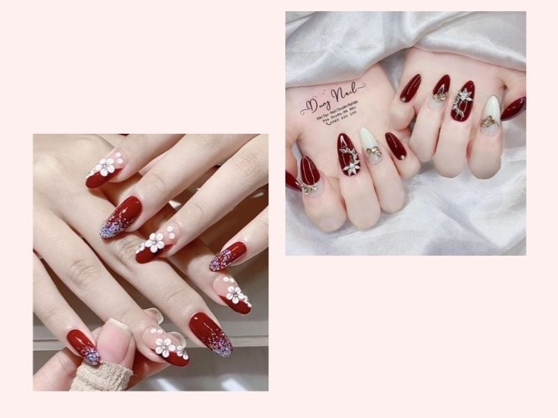 Mẫu nail móng ngắn màu đỏ họa tiết hoa