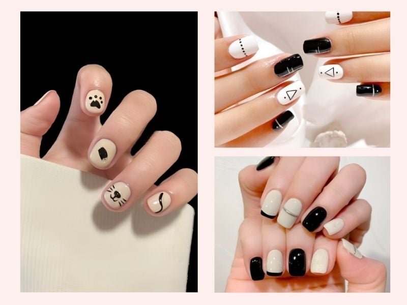 Mẫu nail móng ngắn đen trắng tương phản