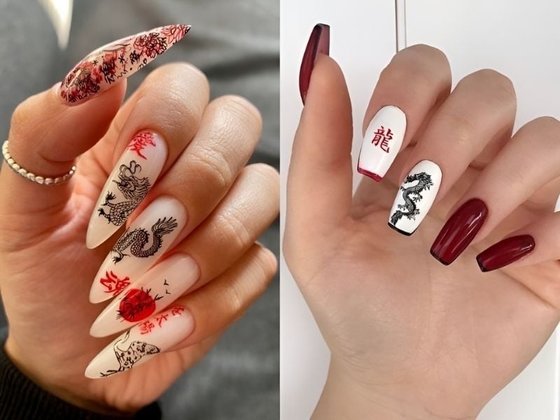 Mẫu nail con rồng và đá lấp lánh