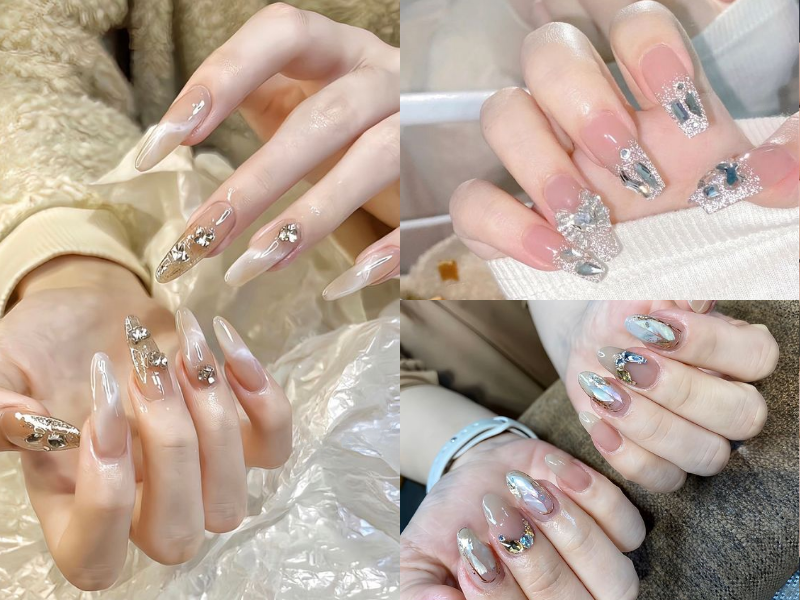 Nail cô dâu đính đá lấp lánh