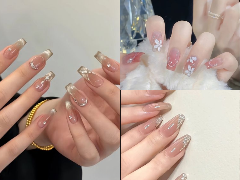 Nail cô dâu móng vuông vừa dịu dàng vừa cá tính