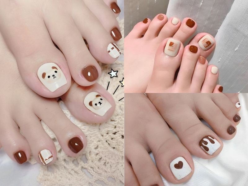 Nail chân màu trắng vẽ họa tiết nâu đất