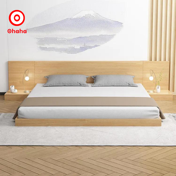 Giường ngủ bệt kiểu Nhật kèm tủ đầu giường Ohaha màu vàng gỗ - GB005