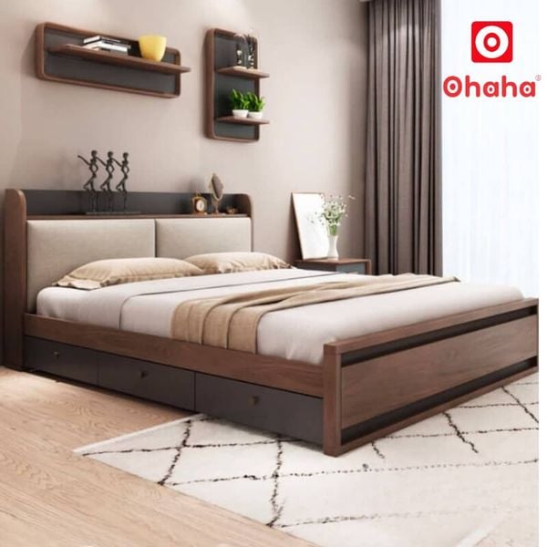 Giường ngủ gỗ óc chó có ngăn kéo tiện dụng