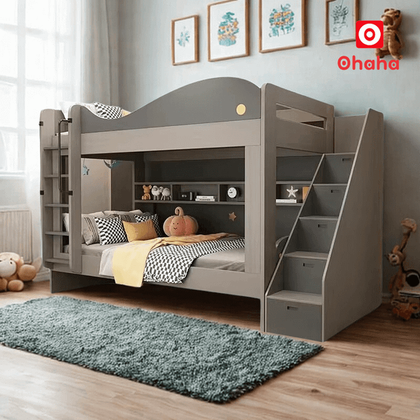 Mẫu giường tầng đa năng thiết kế bởi Ohaha, tích hợp giá sách và tủ kéo, phù hợp phòng nhỏ