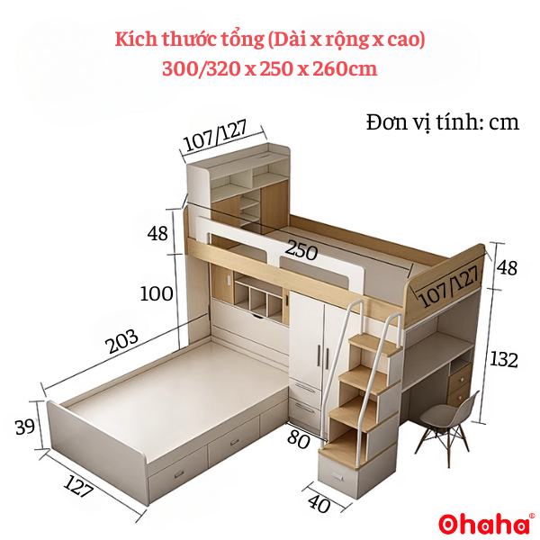 Giường tầng thông minh Ohaha kết hợp tủ và bàn học - GTTM003