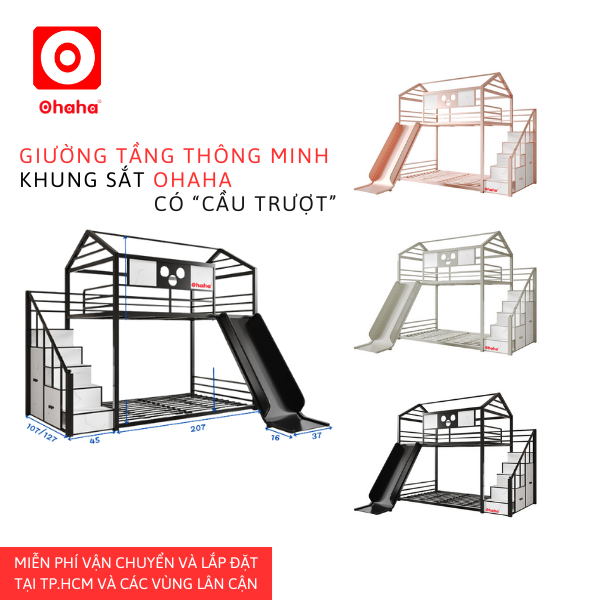 giường tầng thông minh khung sắt có cầu trượt Ohaha cho bé