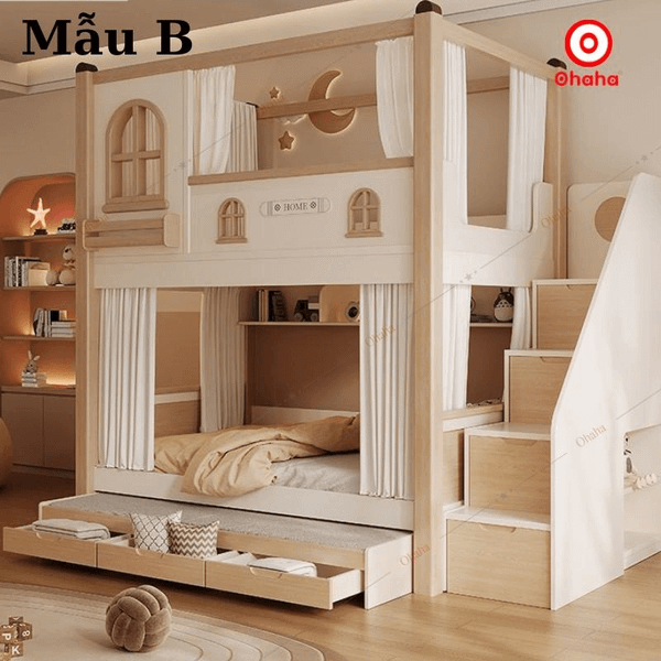 Giường tầng gỗ thông minh kết hợp giường phụ