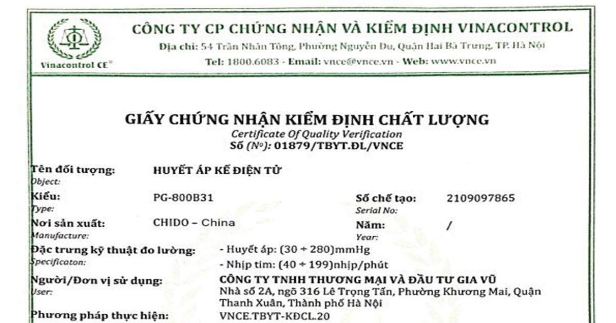 Đo huyết áp bắp tay Chido 2022 đạt kiểm định chất lượng của Vinacontrol CE