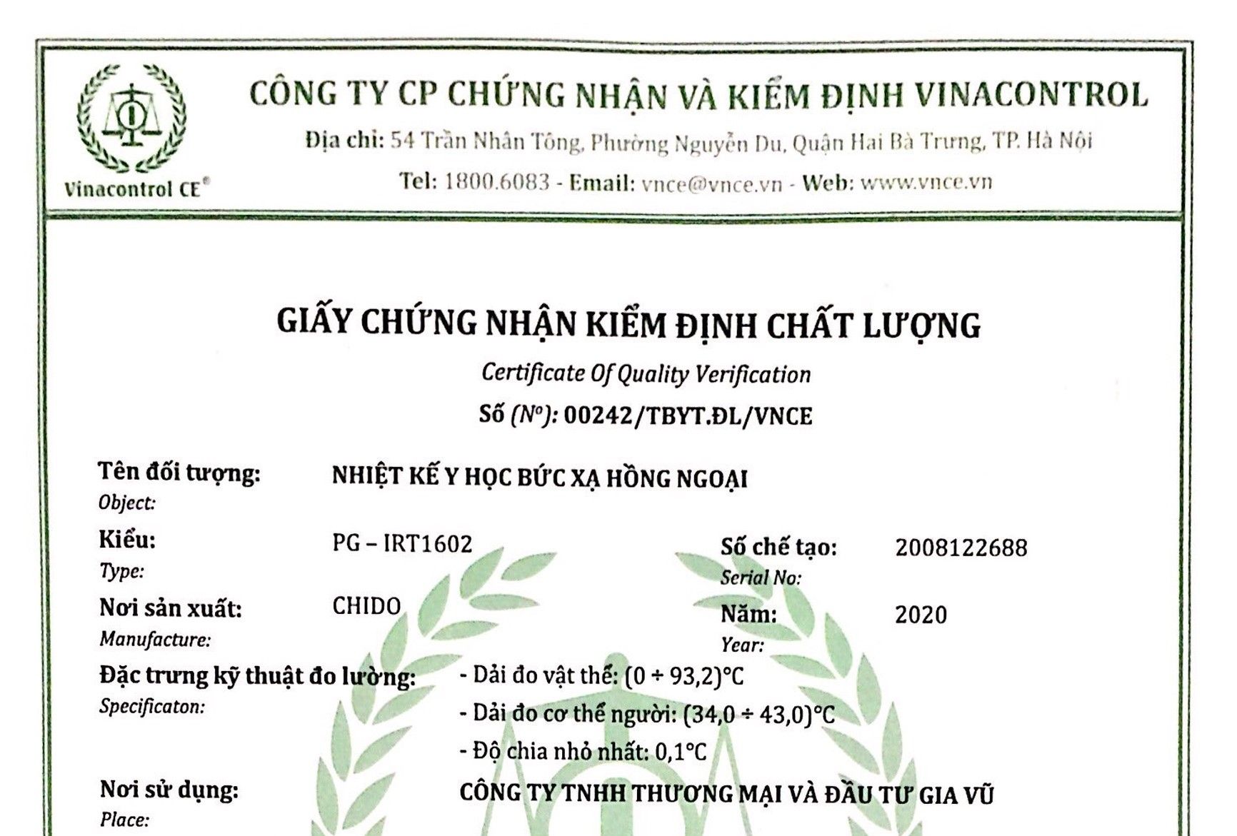 CHIDO đạt chứng nhận kiểm định chất lượng bởi Vinacontrol CE