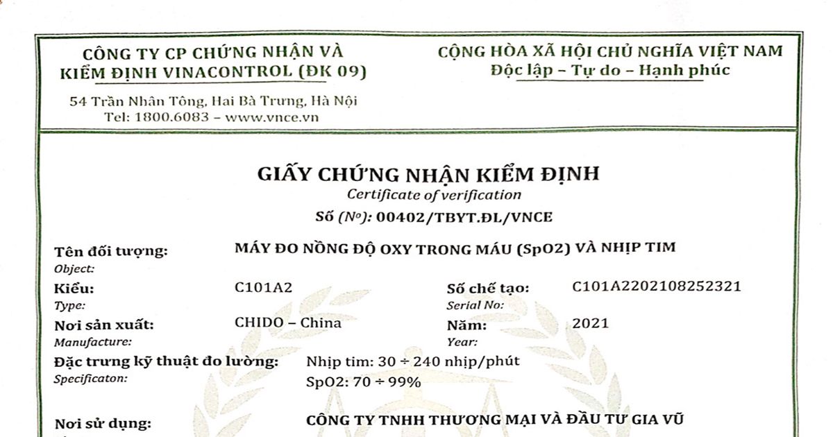 Máy đo nồng độ Oxy máu SpO2 CHIDO đạt chứng nhận kiểm định chất lượng bởi Vinacontrol CE