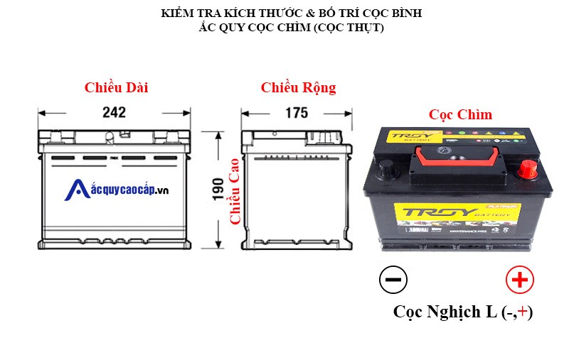 Cách đo, kiểm tra kích thước chiều dài, rộng, cao và bố trí cọc bình ắc quy DIN, cọc thụt, cọc chìm