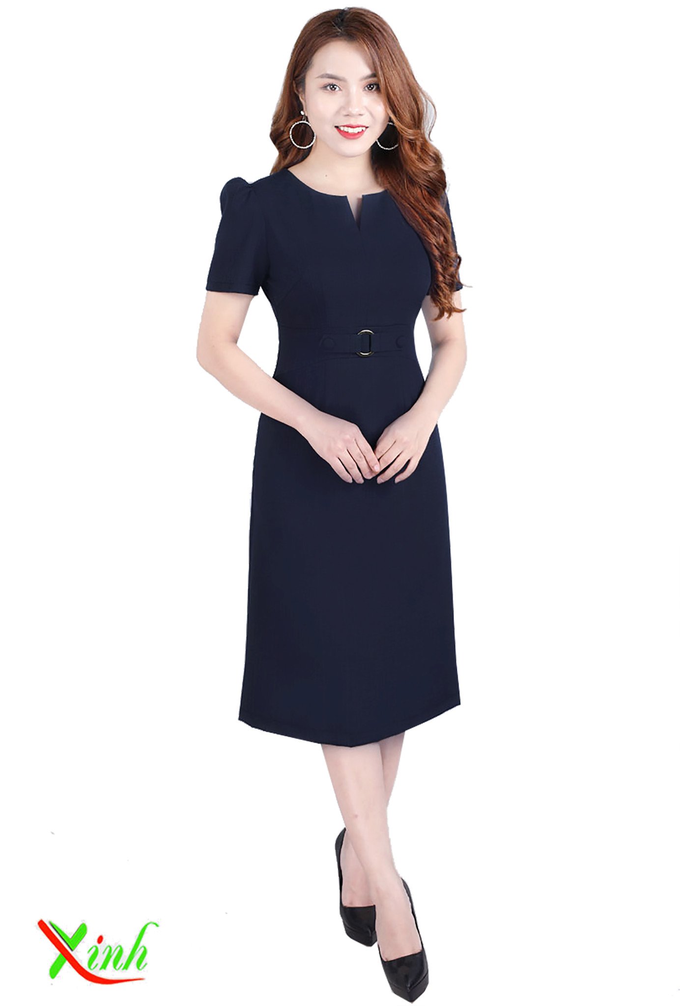 Váy thêu tay bảy phần tư cổ chữ V (Màu: Xanh đậm Size: XXL)