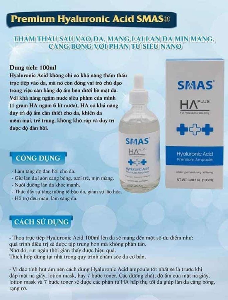 công dụng Tinh chất dưỡng ẩm SMAS Hyaluronic acid 100ml