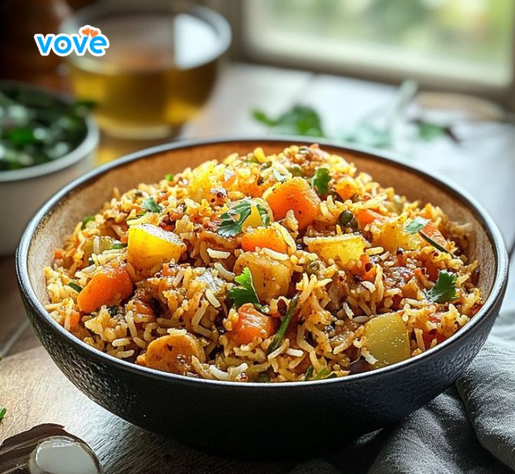 Cơm chiên rau củ với cà rốt, đậu, ngô và hạt mè