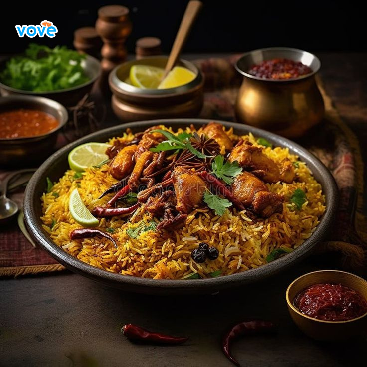 Cơm gạo Basmati xào với bơ, hành tím, gừng, nấu cùng nước dùng thịt và quế.