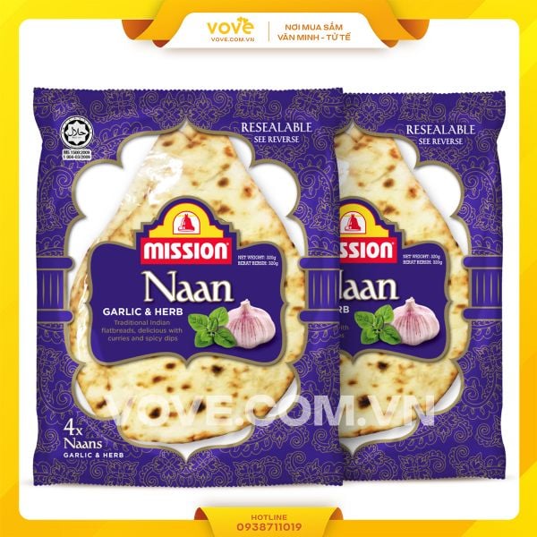 Bánh Naan Ấn Độ vị Tỏi & Rau thơm MISSION Naan Garlic & Herb, 4pics, 320gr