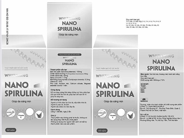 Bao bì sản phẩm viên trắng da Whitening Nano Spirulina.