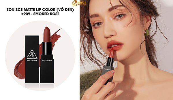 Son 3CE 909 Smoke Rose Vỏ Đen Lipcolor Matte Màu Đỏ Đất