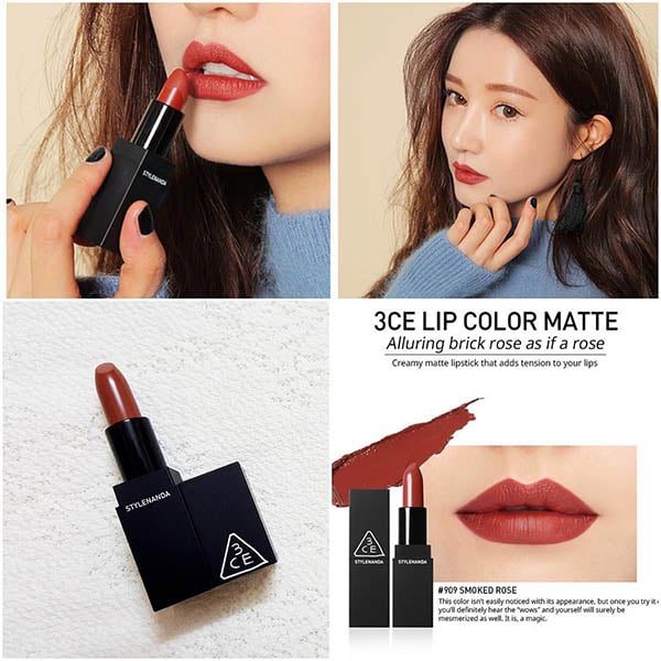 Son 3CE 909 Smoke Rose Vỏ Đen Lipcolor Matte Màu Đỏ Đất