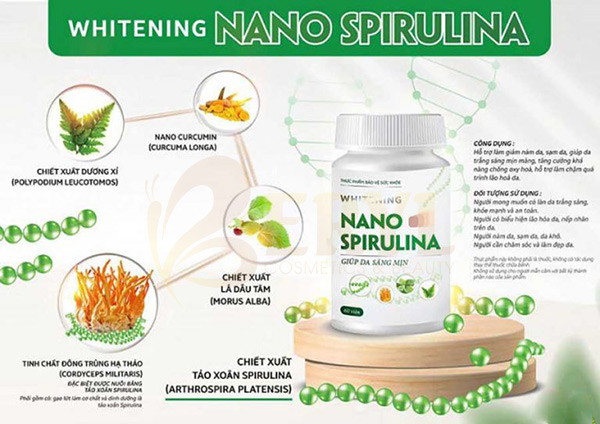 Thành phần có trong viên uống trắng da Whitening Nano Spirulina.