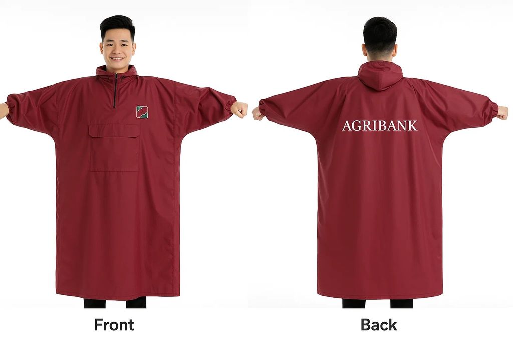 Áo mưa bít kiểu truyền thống, in sắc nét logo Agribank với tông đỏ có túi trước ngực