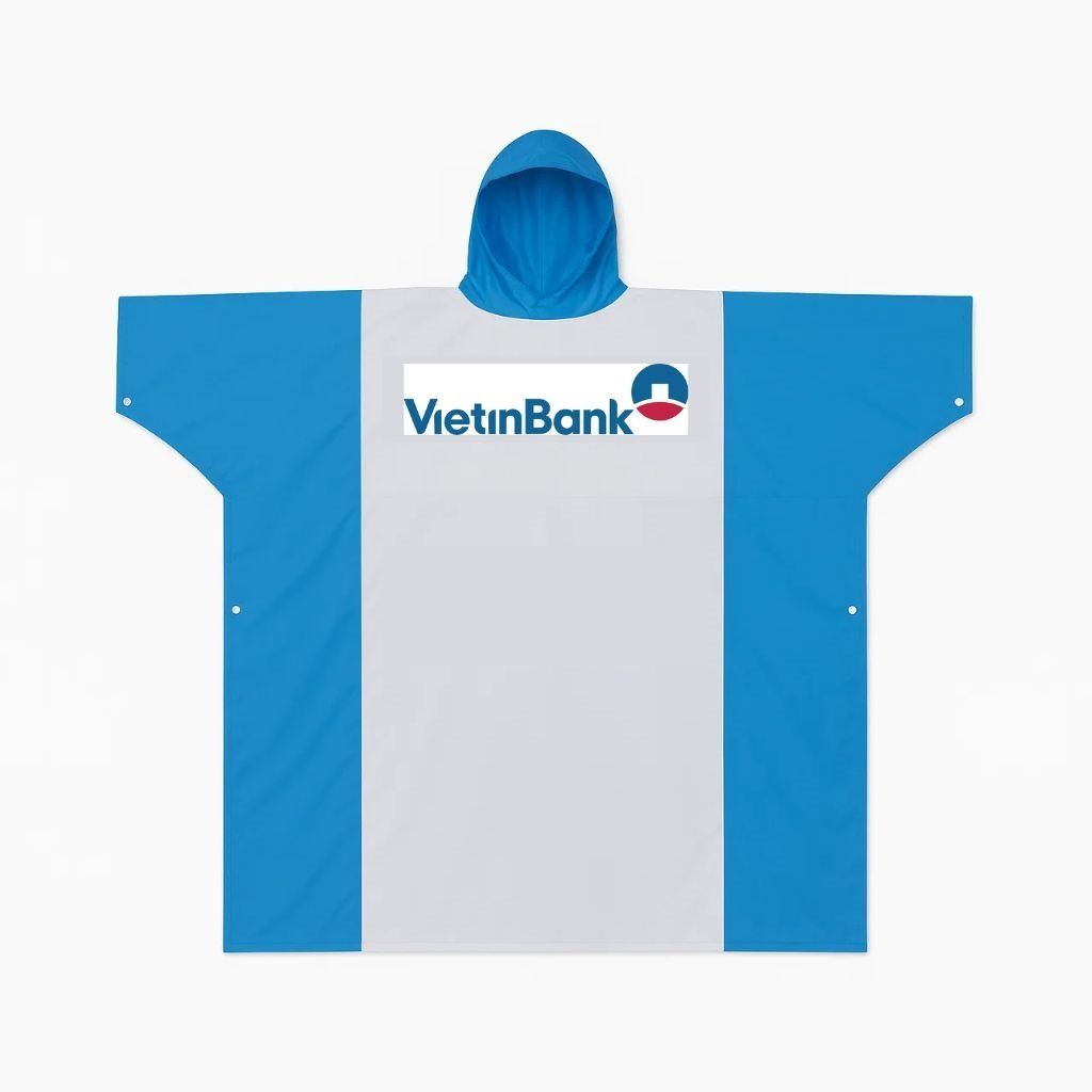 Áo mưa VietinBank vải PVC bền chắc, in logo nổi bật trên nền xanh ngân hàng.